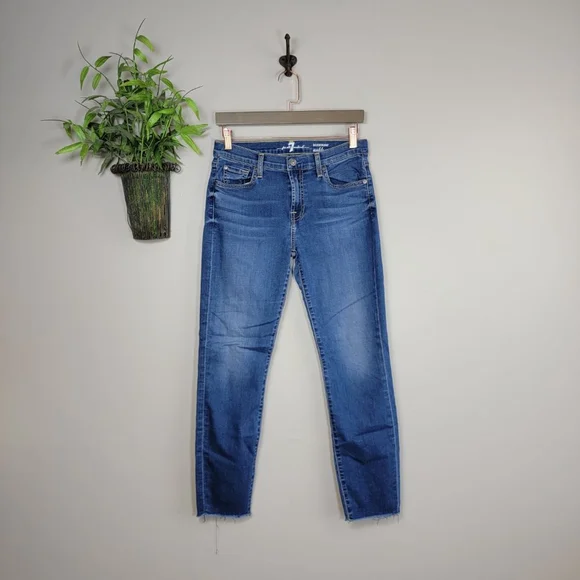 7 For All Mankind Roxanne Skinny Ankle Jeans Frayed Raw Hem Mid Rise 7FAM 28 - Picture 2 of 12